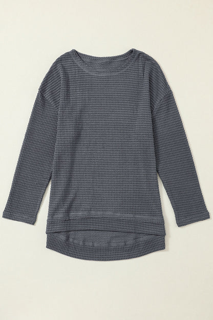 Black Waffle Knit Oversized Top with Side Slits