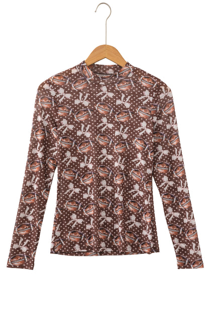 Brown Game Day Football Bow Polka Dot Mesh Long Sleeve Top
