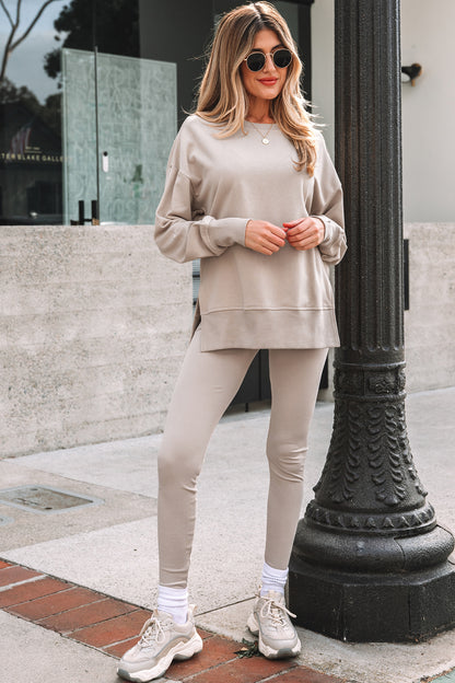 Solid Oversize Slit Sweatshirt with Ribbed Leggings Set
