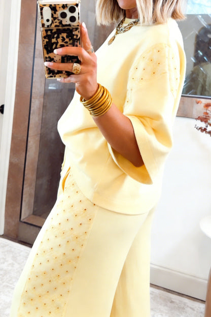 Yellow Eyelet Lace Lounge Set Oversized Tee Pants
