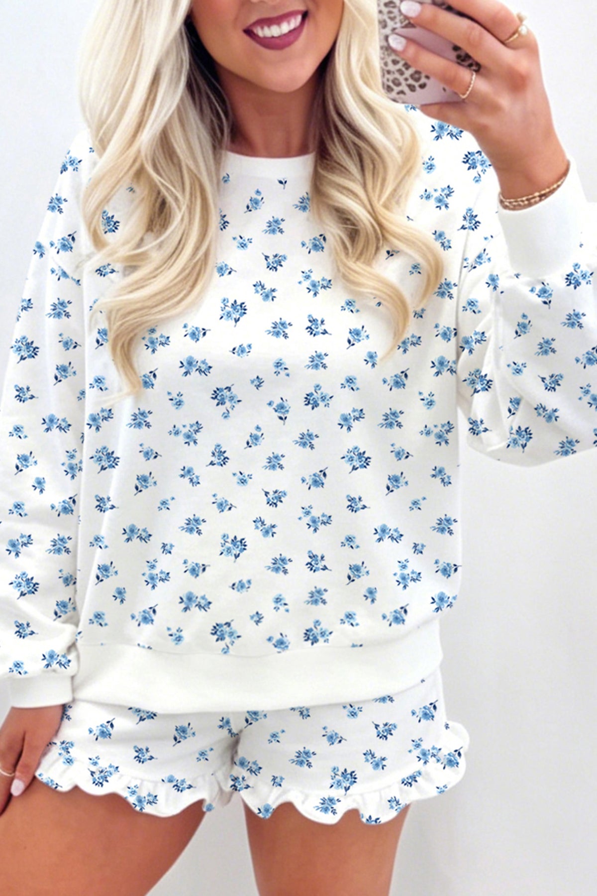 Blue Floral Sweatshirt & Ruffle Shorts 2 Piece Set