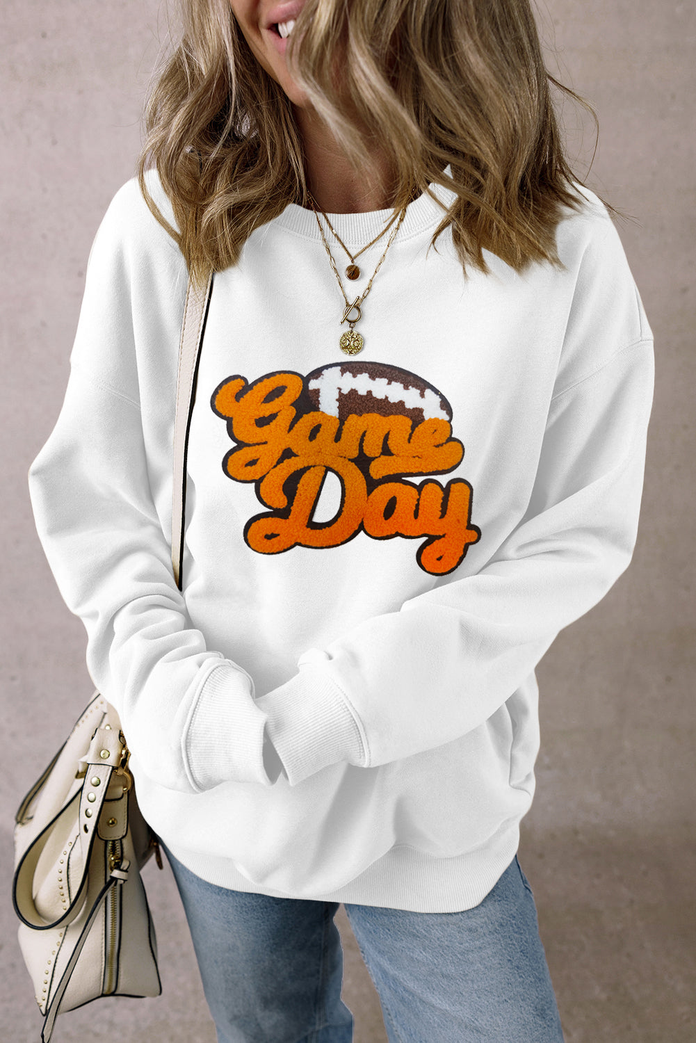 White Chenille Game Day Football Pullover Sweatshirt Women