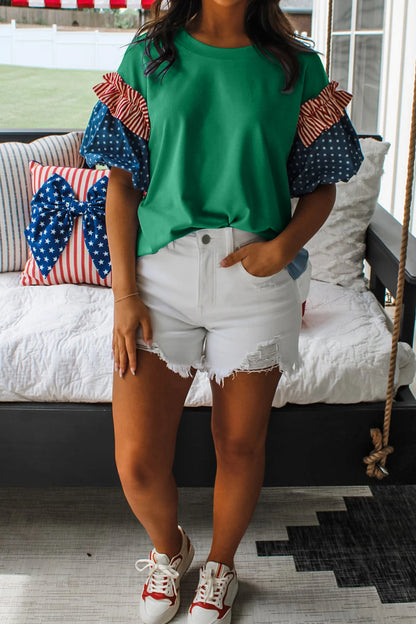 Patriotic Stars and Stripes Puff Sleeve Fourth of July Top