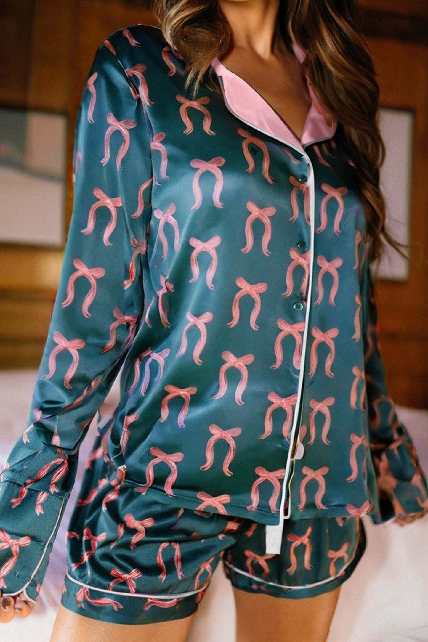 Green Bow Satin Pajama Set for Valentine Long Sleeve/Shorts