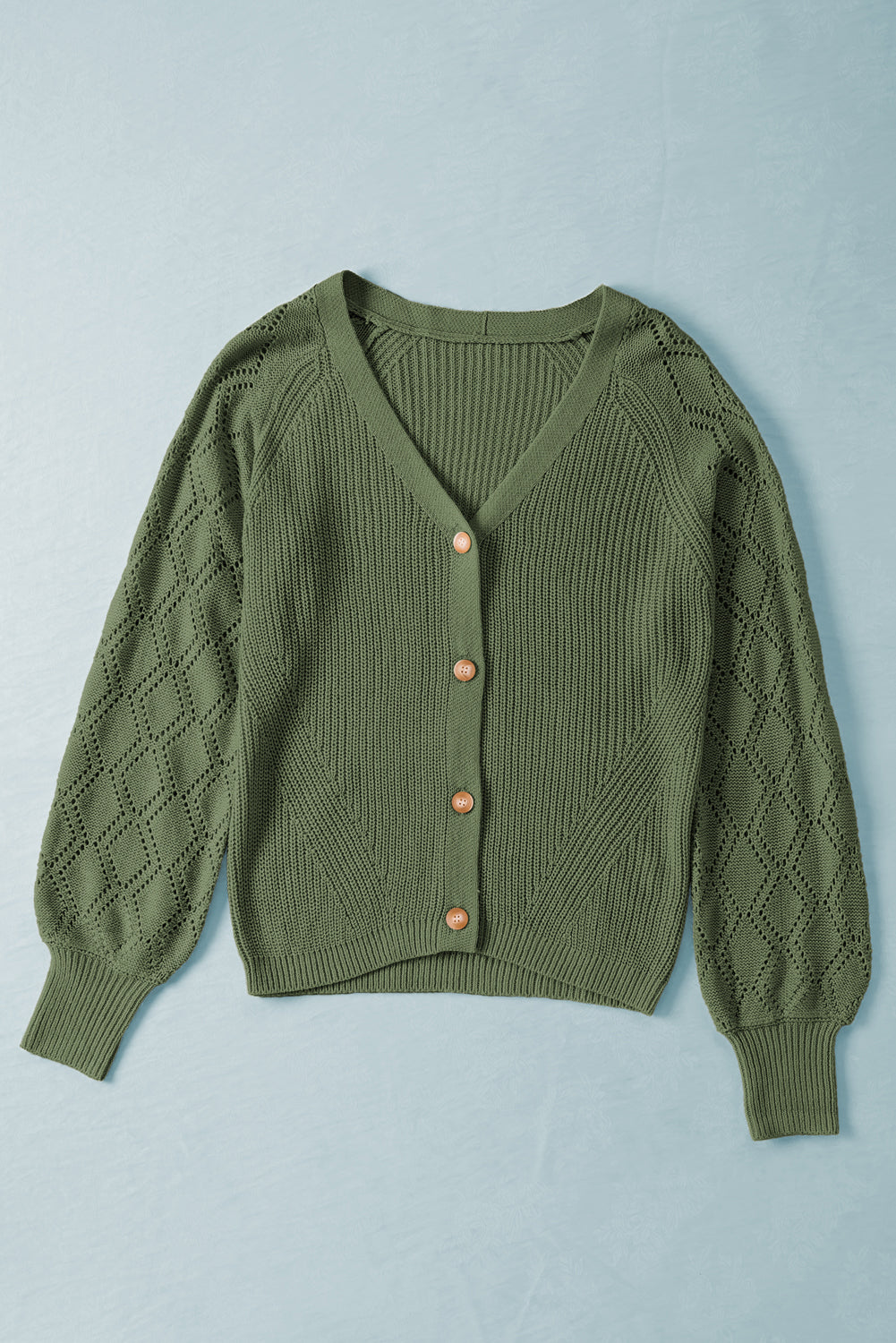 Pink Knit V Neck Bishop Sleeve Button Cardigan
