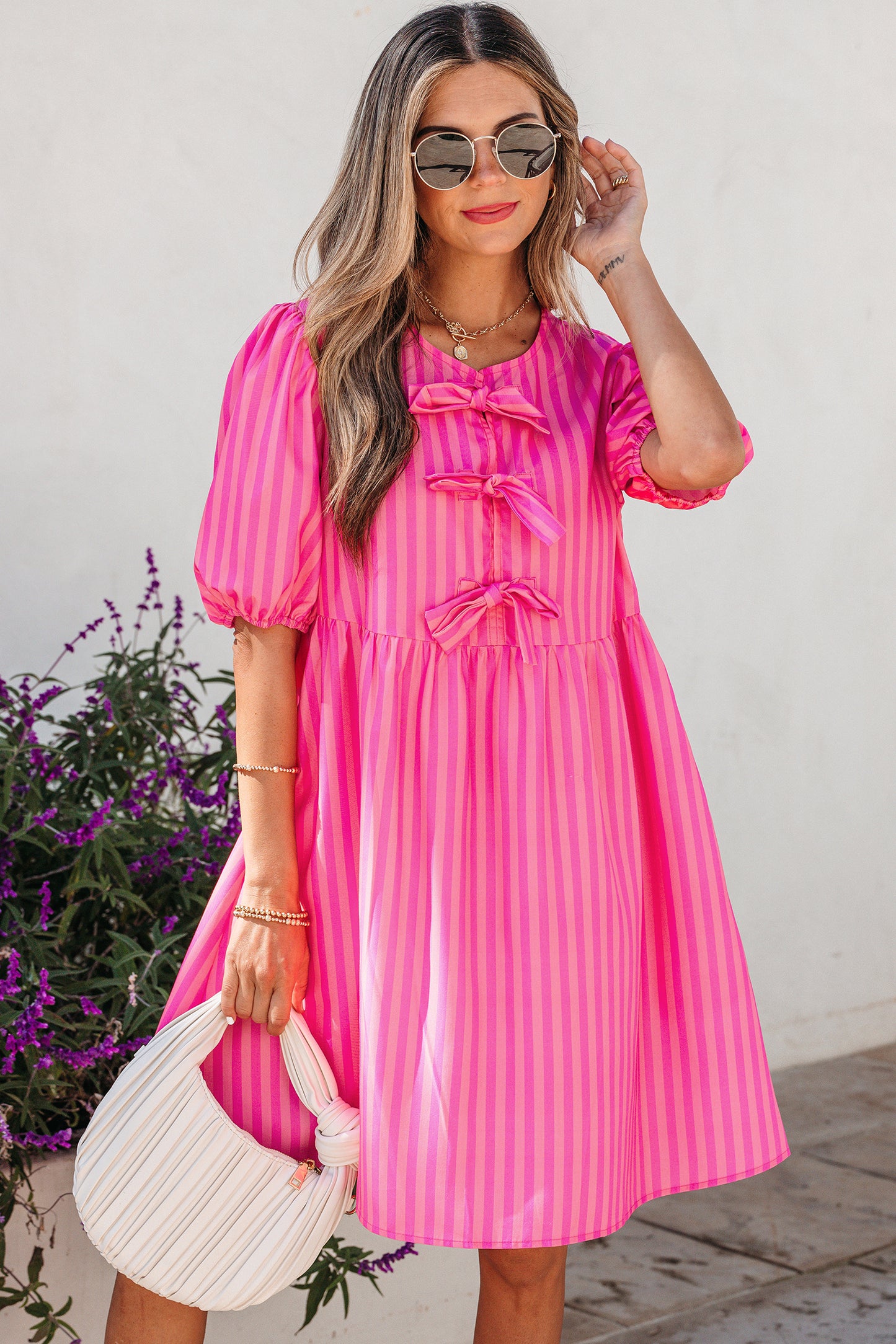 Striped Puff Sleeve Babydoll Dress Loose Summer Mini