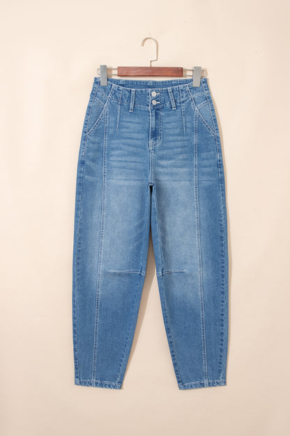 High Rise Seamed Cuffed Barrel Leg Jeans