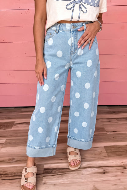 Women's Polka Dot Cuffed Wide Leg Jeans