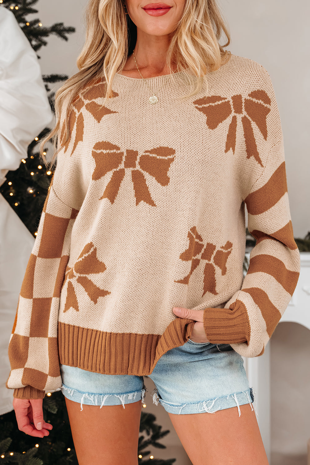 Bow Print Checkered Stripe Sleeve Drop Shoulder Sweater