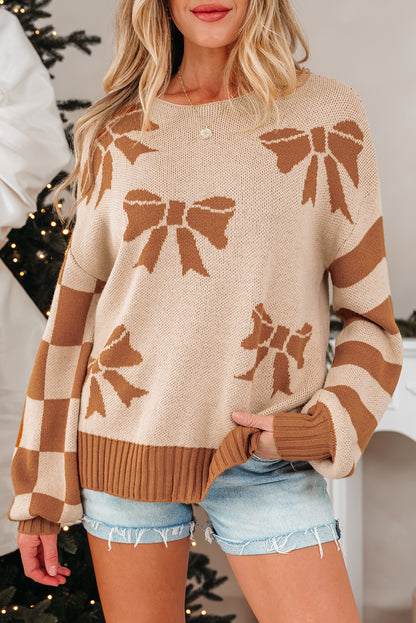 Bow Print Checkered Stripe Sleeve Drop Shoulder Sweater