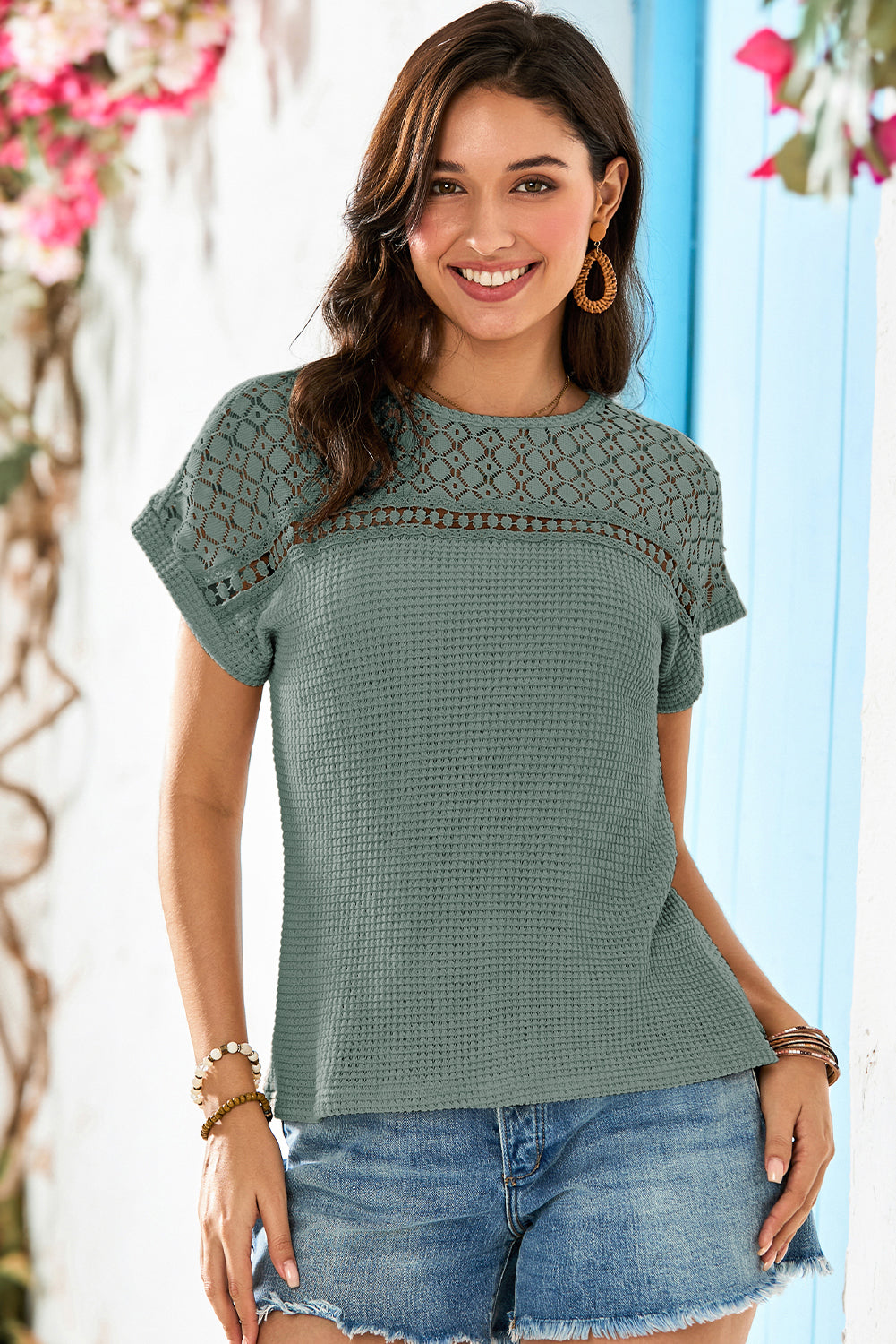 Mist Green Lace Patchwork Waffle Knit Summer Top