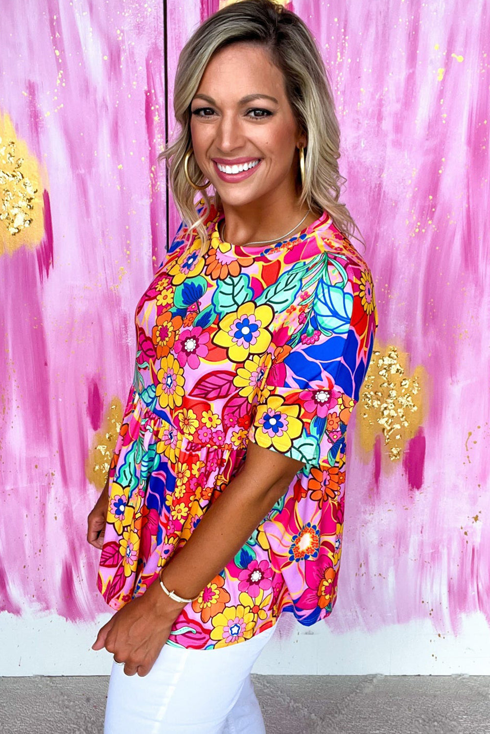 Colorful Floral Print Babydoll Top with Short Sleeves