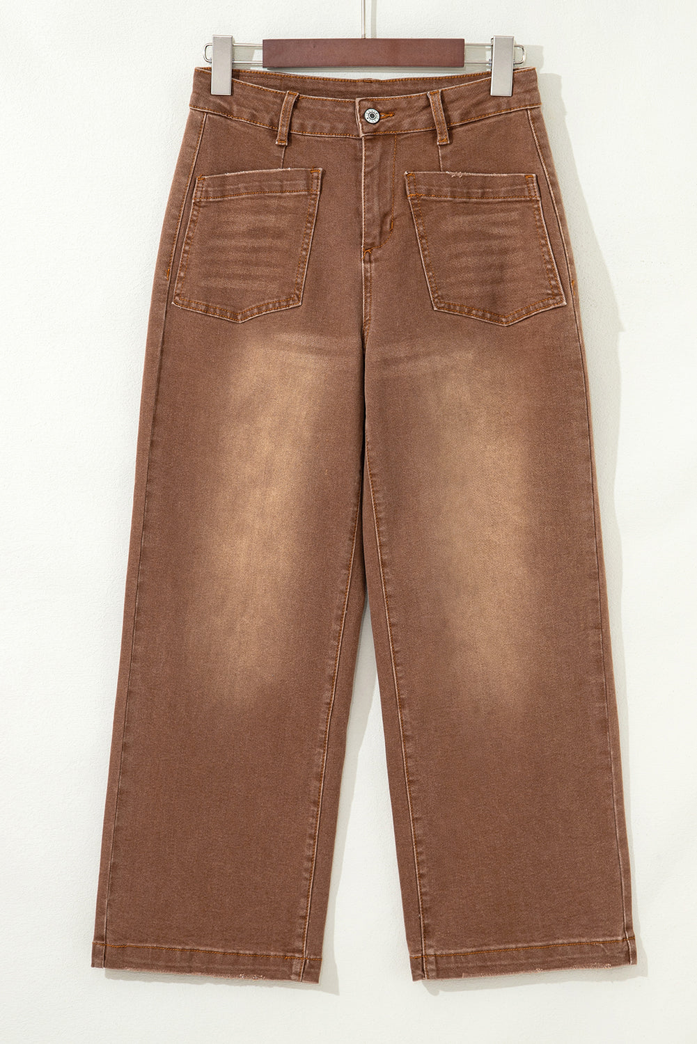 High Waist Wide Leg Denim Jeans with Front Patch Pockets