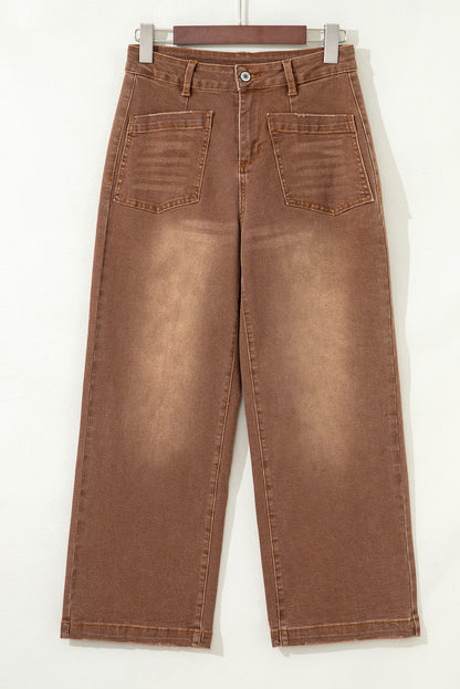 High Waist Wide Leg Denim Jeans with Front Patch Pockets