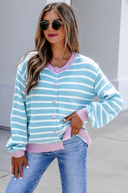 Sky Blue Pastel Stripe Button Knit Cardigan Sweater Top