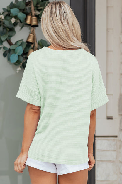 Strawberry Pink Waffle Knit V Neck Short Sleeve Casual Top