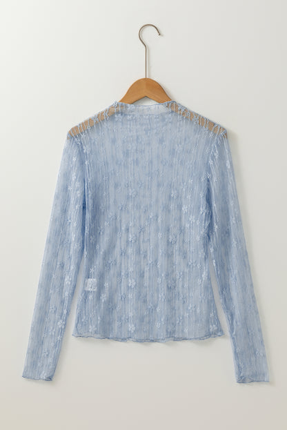 Ashleigh Blue Sheer Floral Lace Mock Neck Long Sleeve Top
