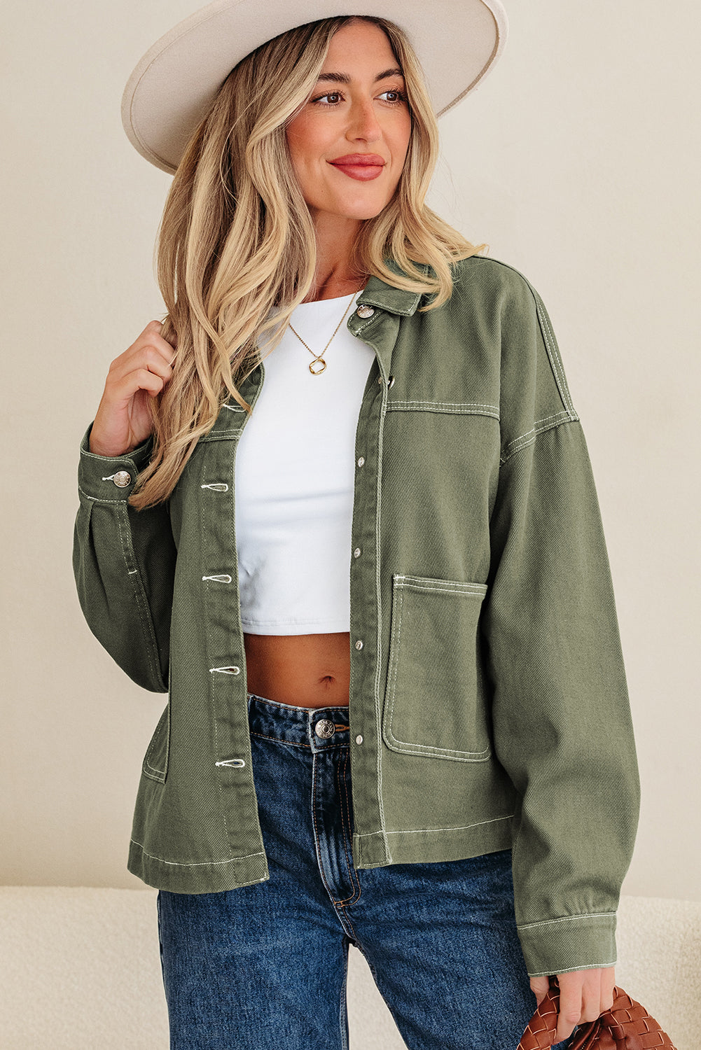 Contrast Stitch Patch Pocket Boyfriend Denim Jacket