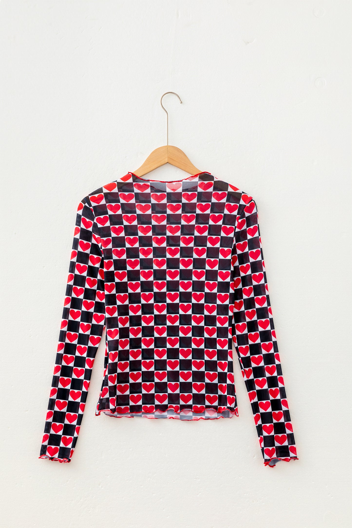 Rose Checkerboard Mesh Long Sleeve Fitted Top