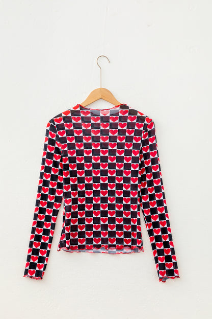 Rose Checkerboard Mesh Long Sleeve Fitted Top