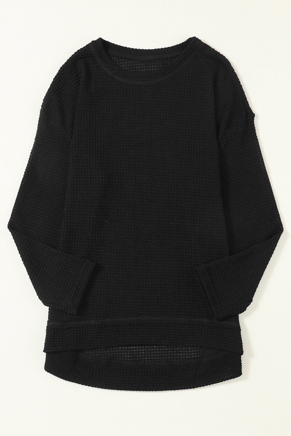 Black Waffle Knit Oversized Top with Side Slits