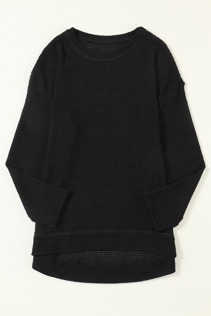 Black Waffle Knit Oversized Top with Side Slits