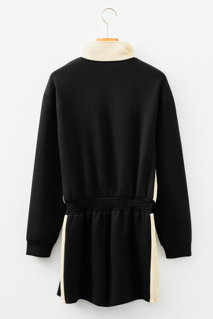 Black Two Tone Zip Front Long Sleeve Casual Romper