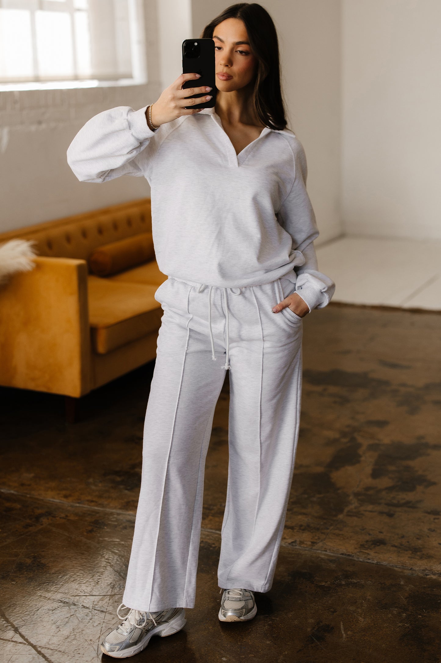 Light Grey Polo Collar Pullover & Drawstring Sweatpants Set