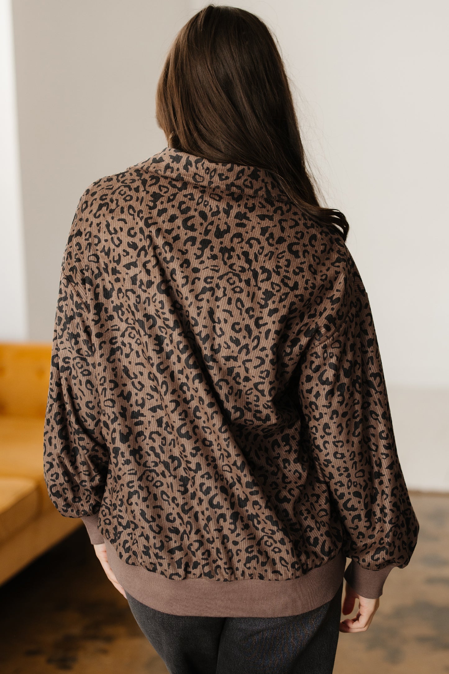 Leopard Print Quarter Zip Corduroy Pullover