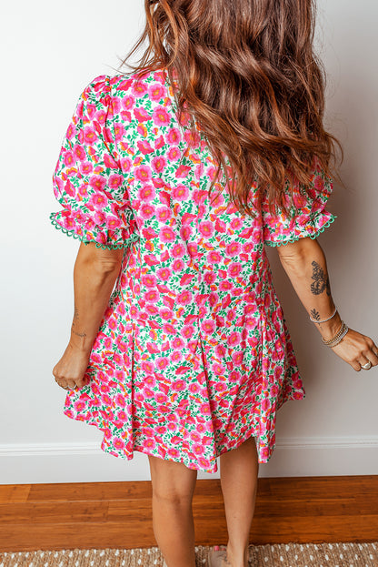 Pink Floral V Neck Puff Sleeve Mini Dress