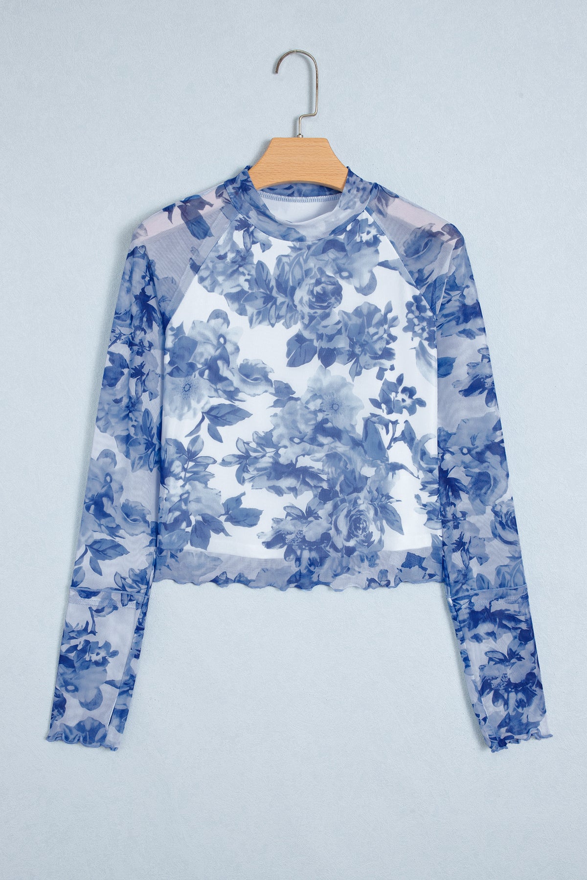 Blue Floral Mesh Mock Neck Long Sleeve Fitted Top