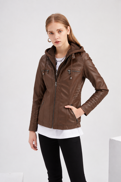 Women's Faux Leather Moto Jacket Removable Hood Plus Size