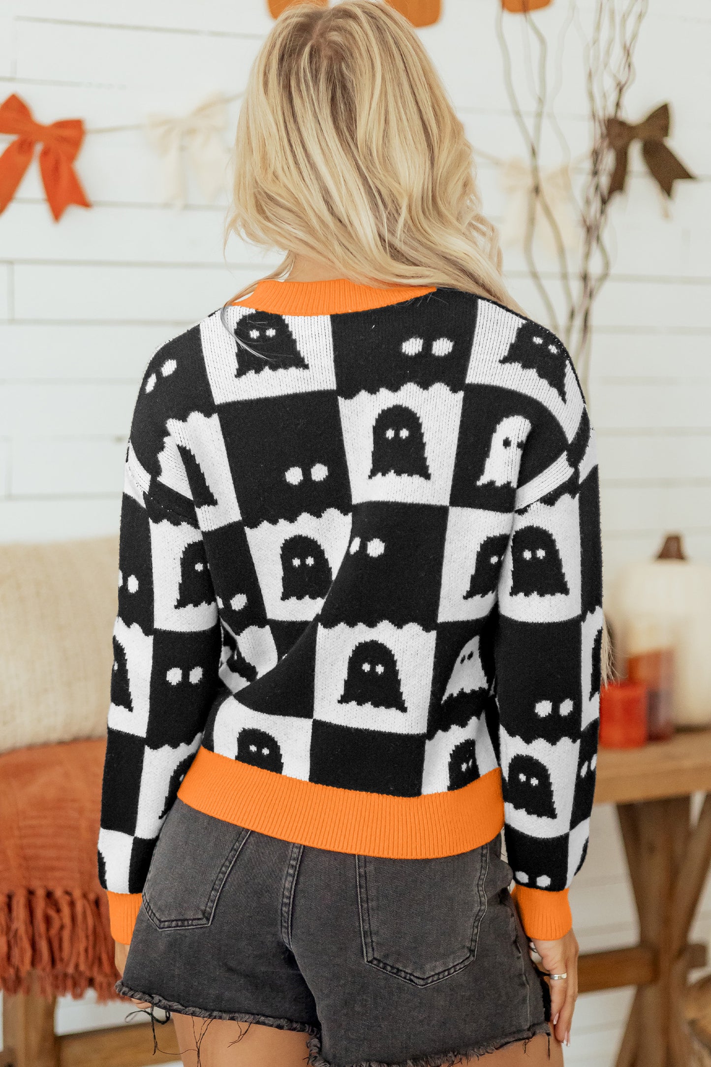 Halloween Ghost Print Checkerboard Knit Sweater