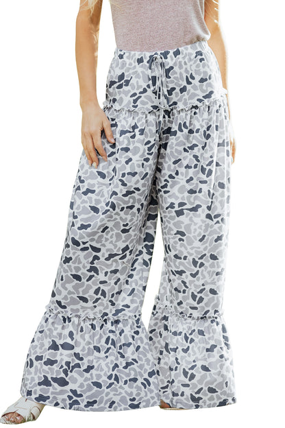 Boho Floral Wide Leg Pants High Waist Ruffle Hem
