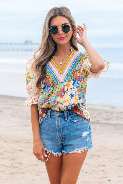 Boho Floral V Neck Crochet Trim Puff Sleeve Blouse
