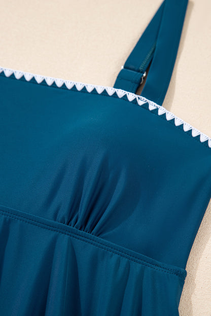 Navy Ricrac Trim Flared Spaghetti Strap Tankini Set