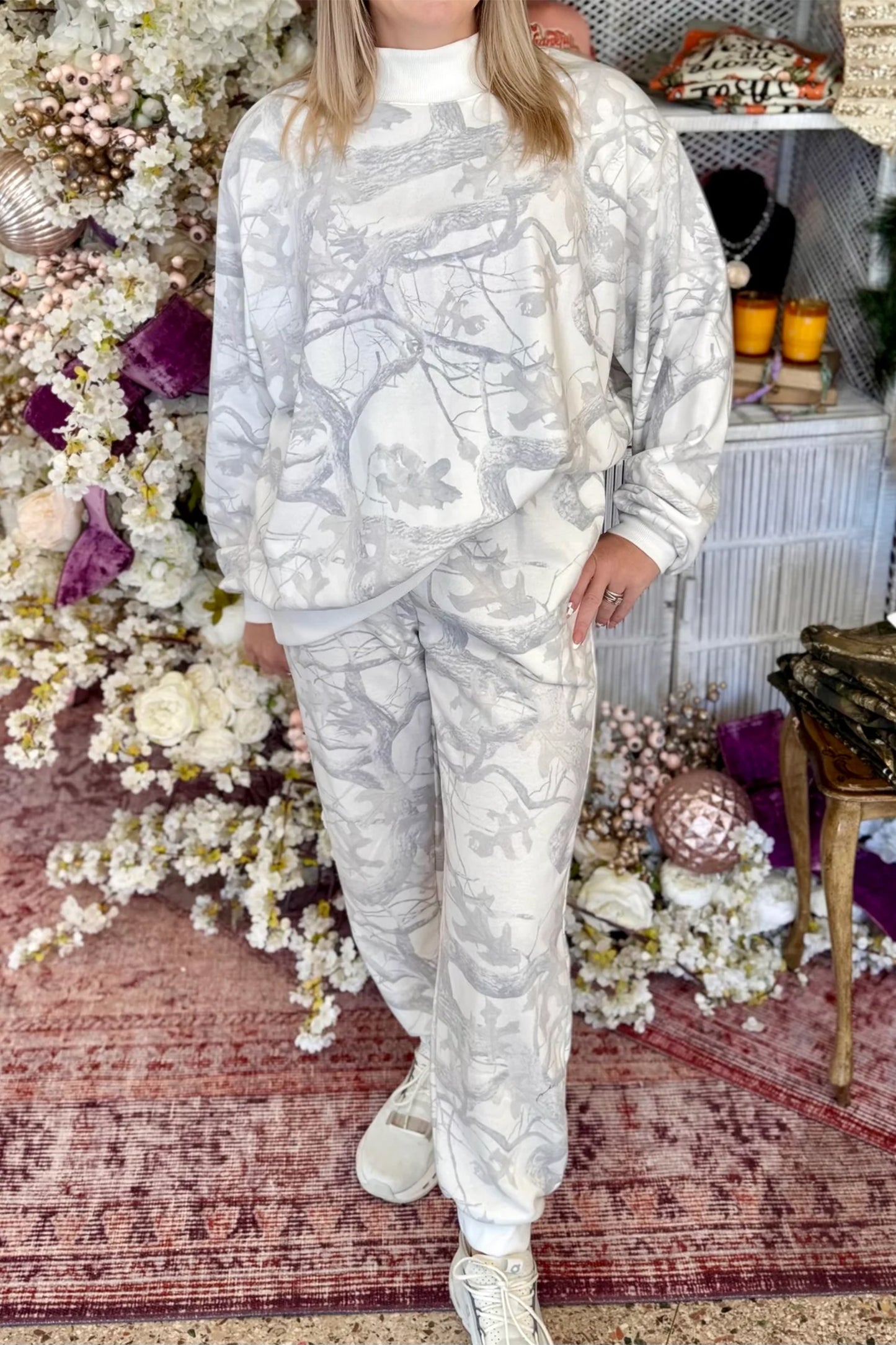 Gray Camo Print Oversized Sweatshirt Pants Set