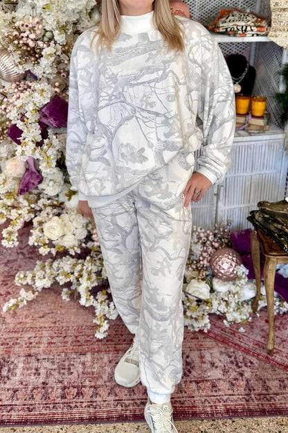 Gray Camo Print Oversized Sweatshirt Pants Set