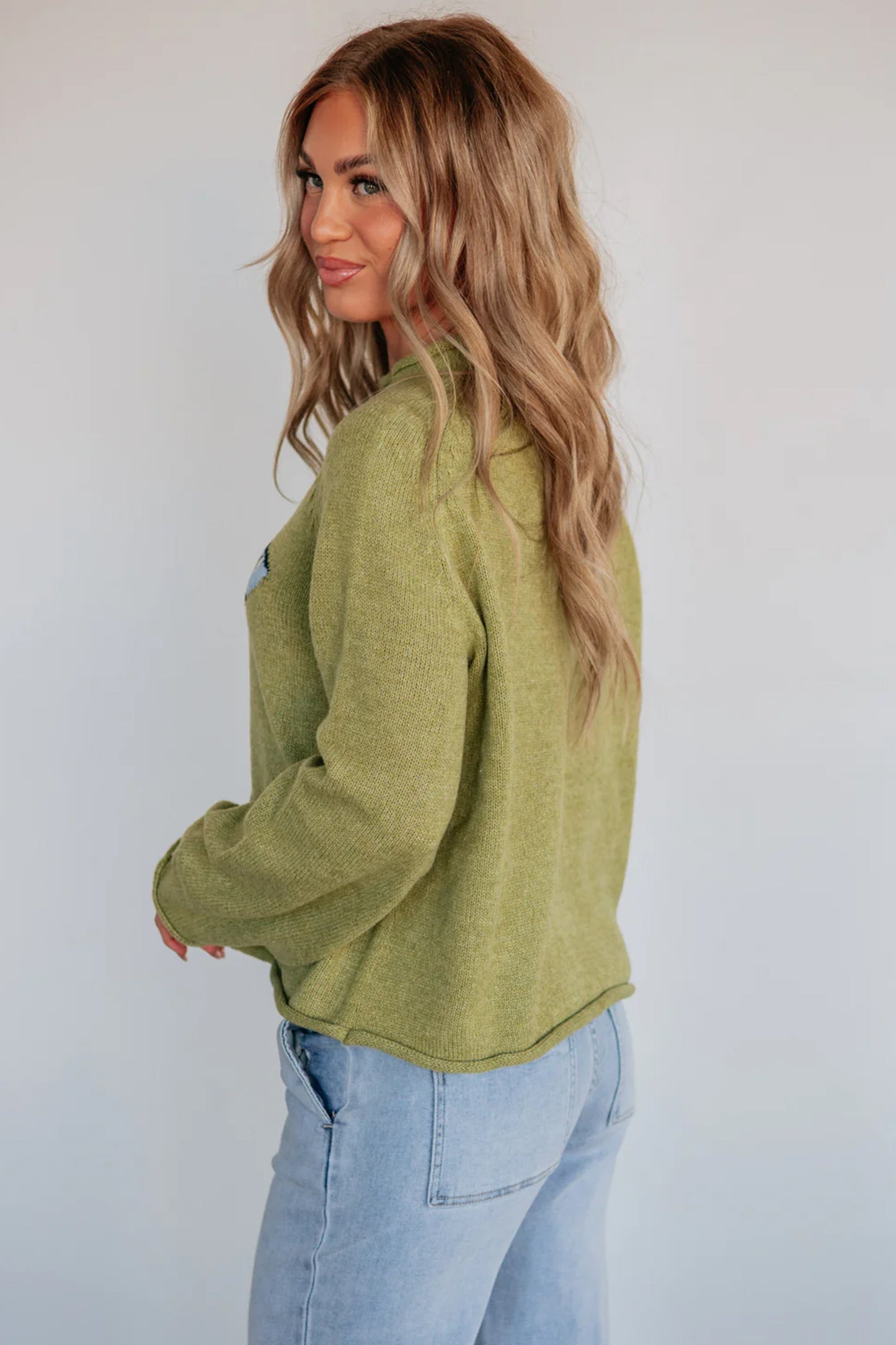Meadow Mist Green Fish Graphic Oversized Knit Sweater