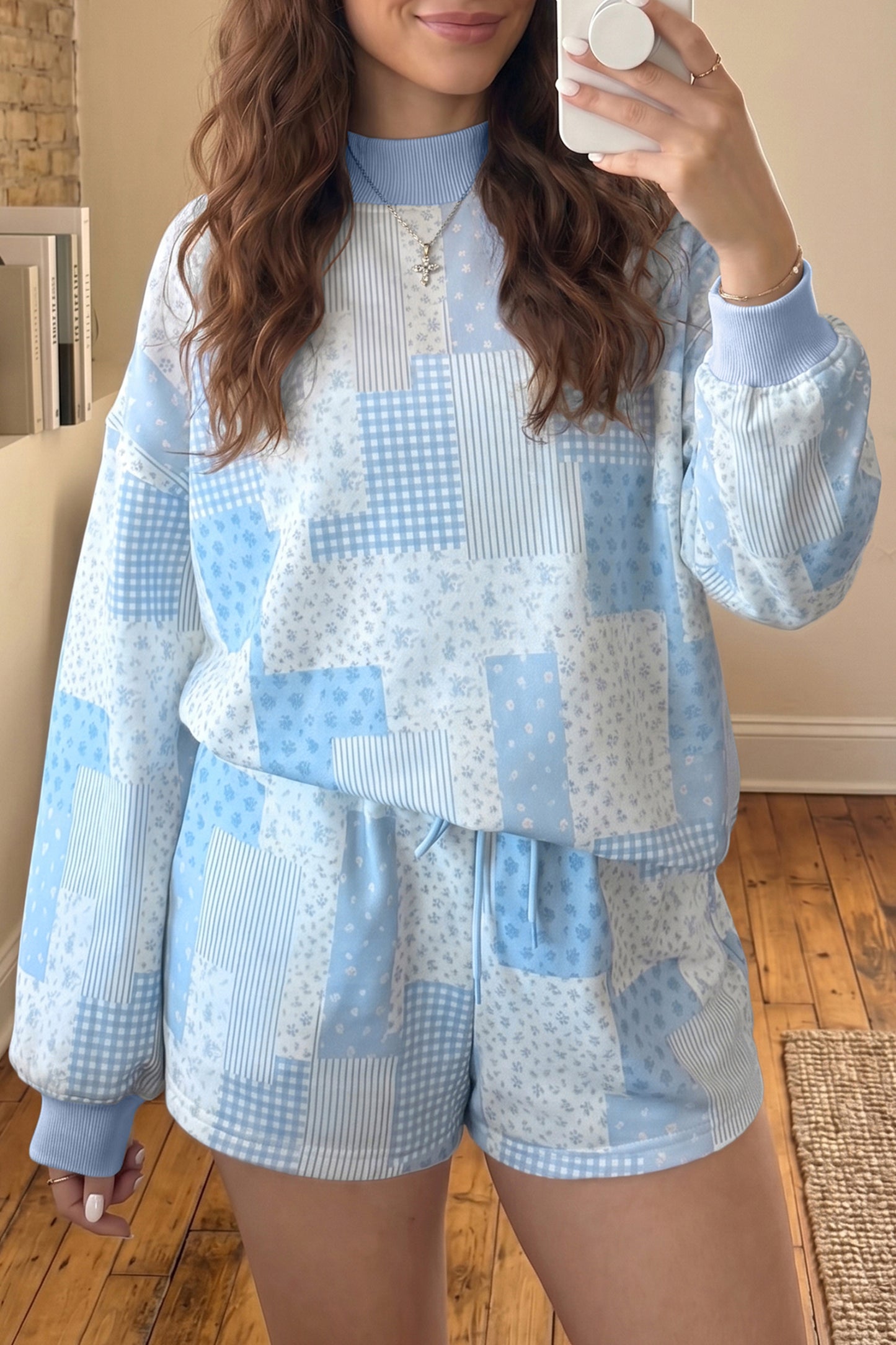 Sky Blue Floral Patchwork Pullover Shorts Set