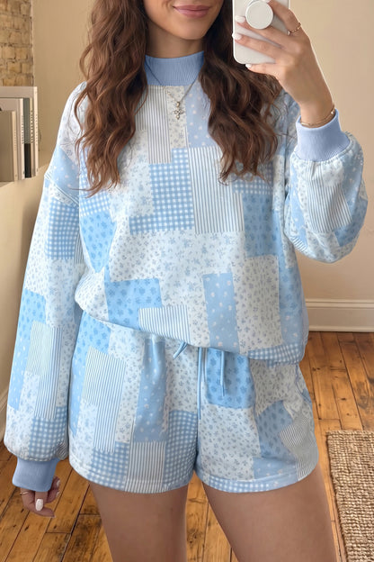 Sky Blue Floral Patchwork Pullover Shorts Set