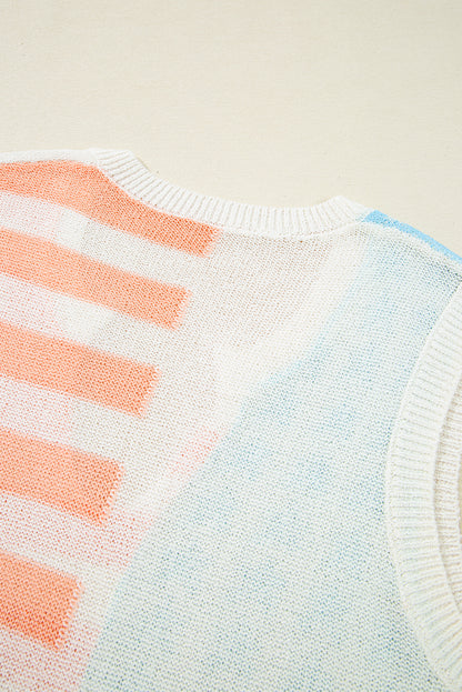 Pink USA Flag Stripe Notched Neck Sweater Vest