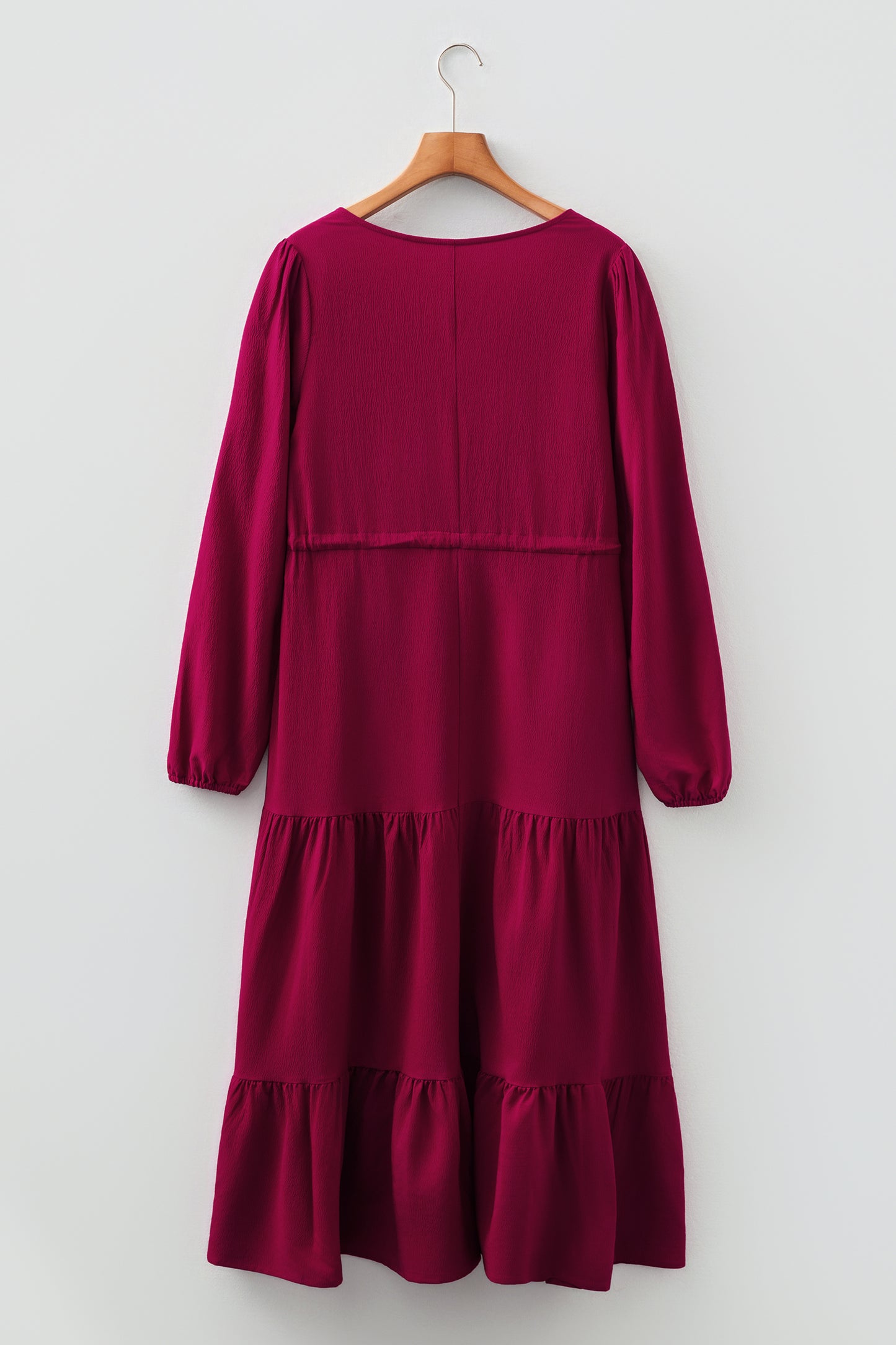 Chestnut Solid Long Sleeve Button V Neck Tiered Maxi Dress