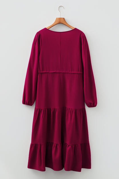 Chestnut Solid Long Sleeve Button V Neck Tiered Maxi Dress
