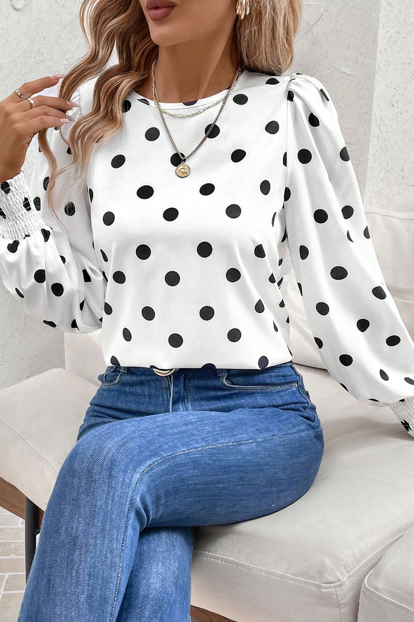 White Polka Dot Blouse Smocked Cuff Puff Sleeve Top