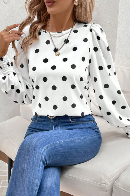 White Polka Dot Blouse Smocked Cuff Puff Sleeve Top