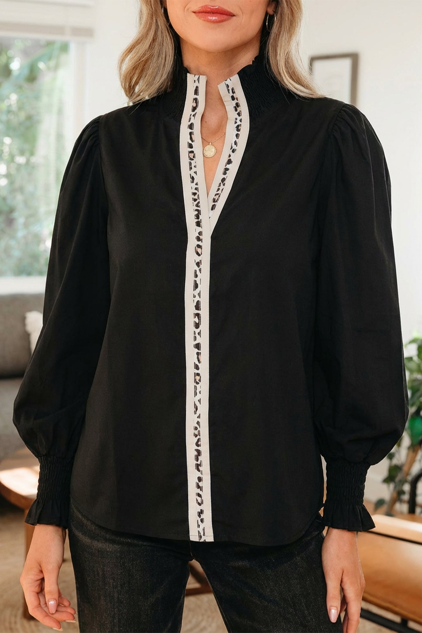 Evergreen Puffy Flounce Sleeve Leopard Trim V Neck Blouse