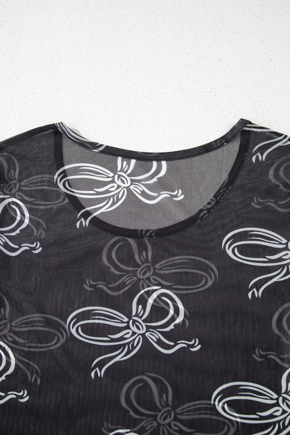 Valentine’s Black Bow Print Sheer Mesh Long Sleeve Top