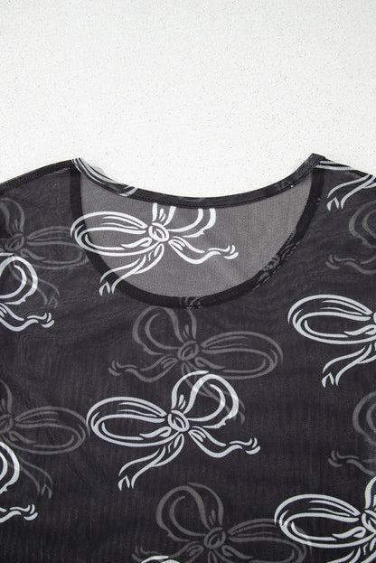 Valentine’s Black Bow Print Sheer Mesh Long Sleeve Top