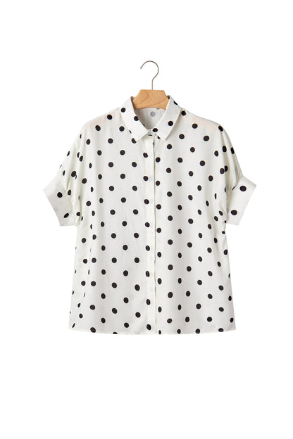 Beige Polka Dot Button Up Dolman Sleeve Loose Blouse